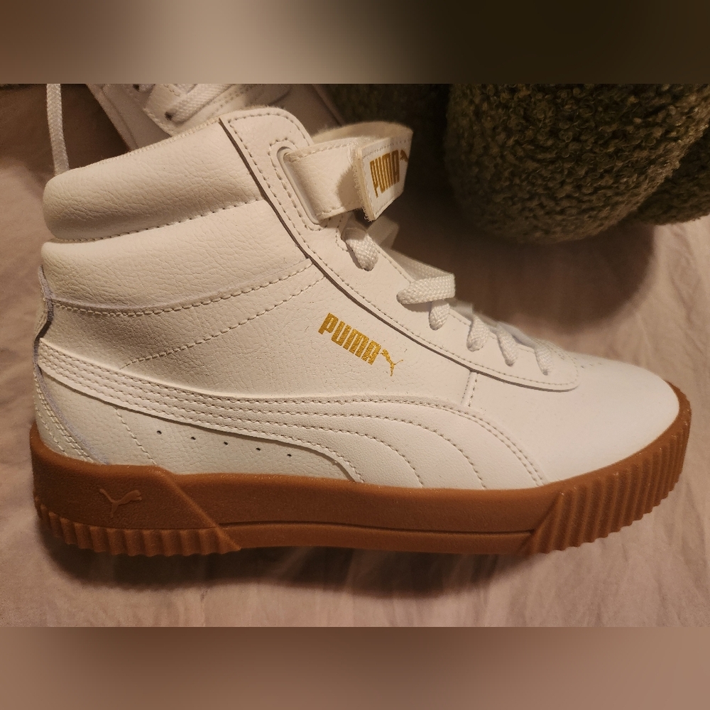 PUMA White and Brown High-Top Sneakers Sz 7.5